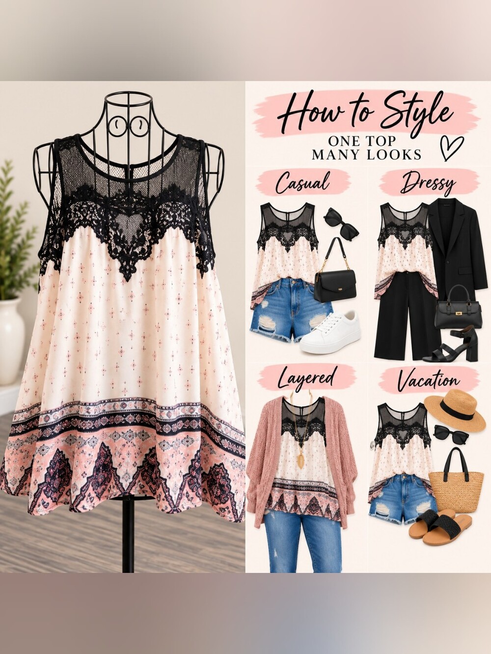 Plus Size XXL Black Lace Boho Flowy Tank Top Maurices
